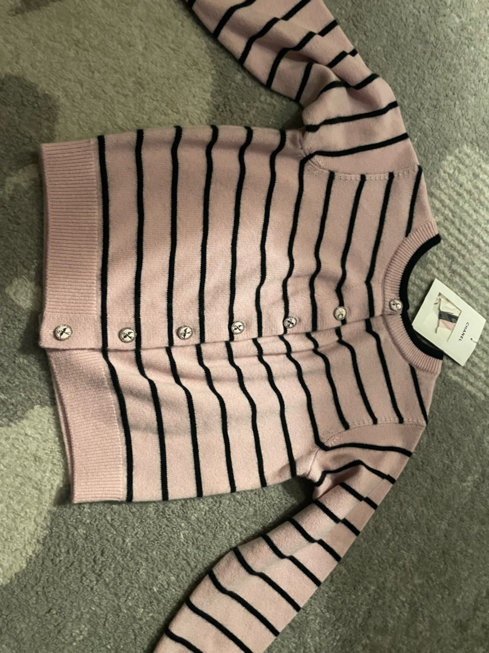 CHANEL Pink and Black Striped Knit Button Cardigan
